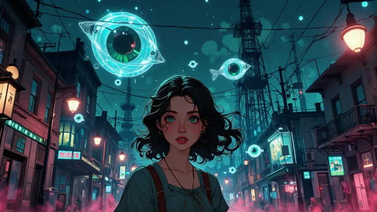 Alice Liddell, street lights, (black light), tilt angle, Eye of Providence, fisheye-lens, mad, lunatically, creepy, glowing geometrical fish, radio tower