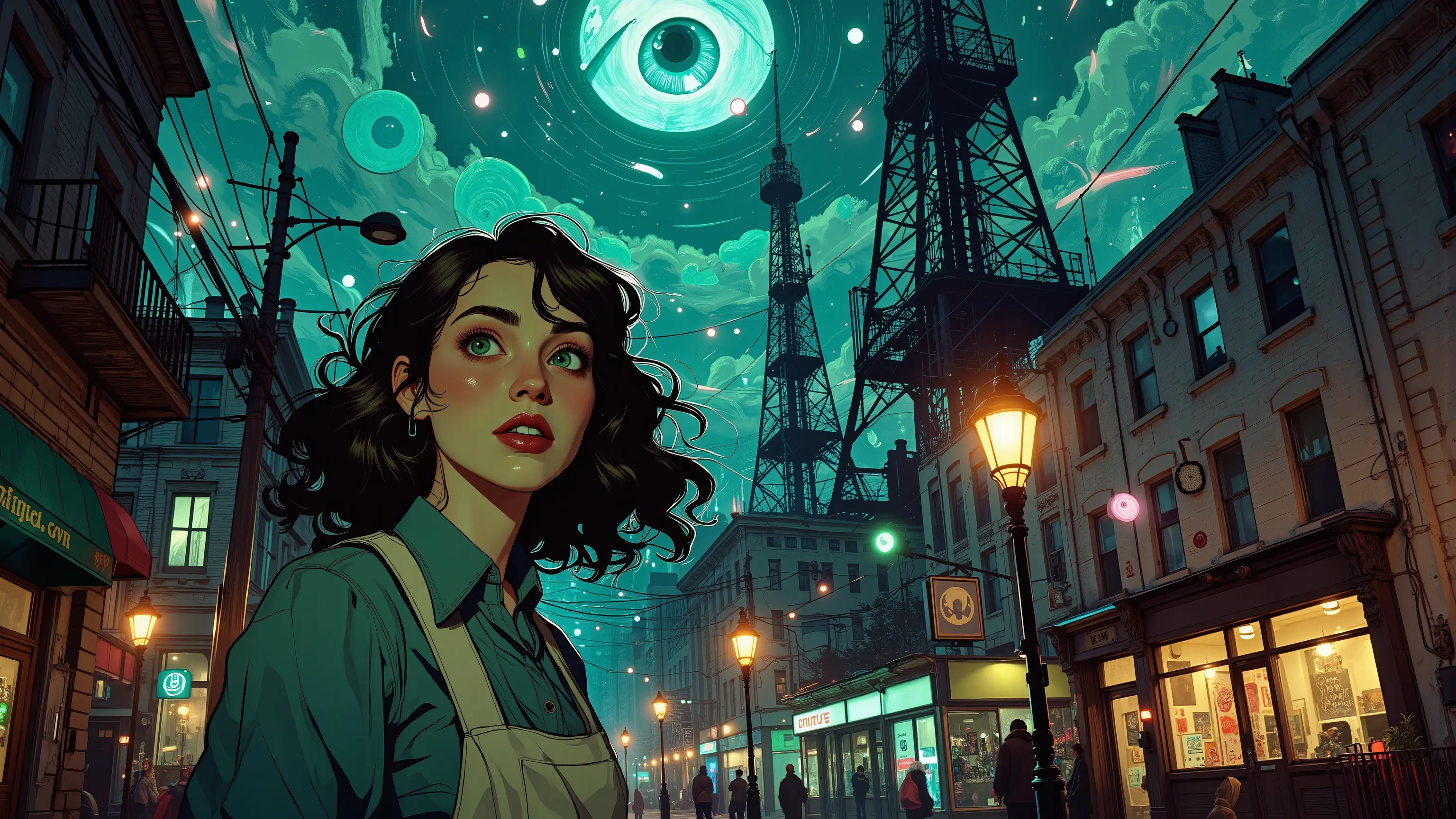 Alice Liddell, street lights, (black light), tilt angle, Eye of Providence, fisheye-lens, mad, lunatically, creepy, glowing geometrical fish, radio tower