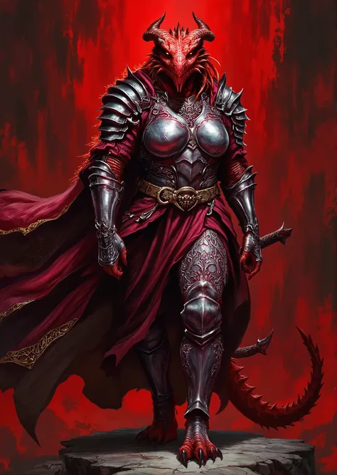 An extremely detailed comic book illustration of an extremely curvaceous Chromatic Red Dragonborn from Dungeons and Dragons which look like wingless bipedal dragons scaly bright-eyed and thick-boned with horns on their heads with a red coloration trained a...