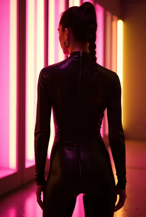 A full-body photograph, masterpiece, photorealistic, high-resolution image of a slender, athletic Caucasus woman viewed from behind, margqflx. She stands with assertive poise in a luxurious, softly lit modern loft at night. Floor-to-ceiling window walls st...
