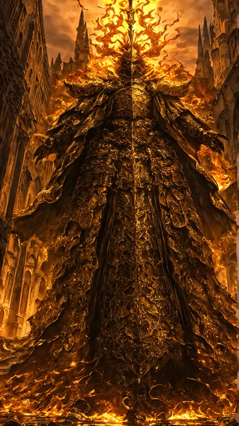 A majestic humanoid warrior with the head of a black dragon stands upon a cracked, gleaming stone platform in a dark, fantastical city. The character is clad in ornate black and gold armor with intricate mystical engravings. He wears a flowing royal robe a...