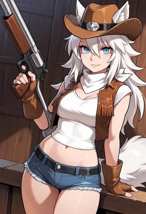 wolf girl, platinum white hair, blue eyes, Layered top, denim shorts, leather vest, cowboy hat, gunslinger, bubbly