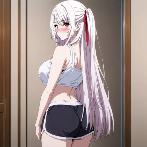   alexia midgar, long hair, very long hair, hair ribbon, white hair, red eyes, sidelocks, ribbon, 

White crop top, black dolphin shorts,



standing, back to viewer, (blush), 8k masterpiece, (1girl, solo), adult, mature, 18+
