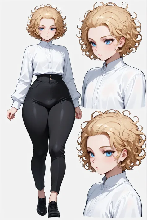 1boy, femboy, blonde Hair, curly hair, blue eyes, thick thighs, small waist, black pants, white shirt, messy hair, curly hair, short hair, hair pulled back, Glossy skin, long sleeves, multiple views, black shoes, 