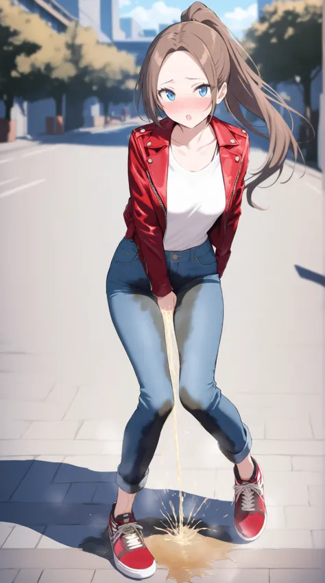 1girl, youthful female, blue eyes, long hair, high ponytail, brown hair, forehead, soft make-up, (lactation), medium breast, skinny body, (wetting herself), (desperation), large wet pee stain, pee stain visible on her pants, (blue pants, denim skinny pants...