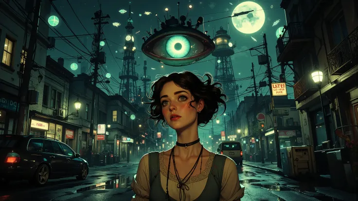 Alice Liddell, street lights, (black light), tilt angle, Eye of Providence, fisheye lens, mad, lunatically, creepy, glowing geometrical fish, radio tower, 16k, UHD, HDR, masterpiece, award winning