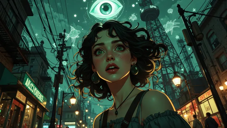 Alice Liddell, street lights, (black light), tilt angle, Eye of Providence, fisheye lens, mad, lunatically, creepy, glowing geometrical fish, radio tower, 16k, UHD, HDR, masterpiece, award winning