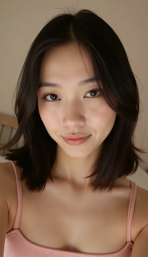 A realistic selfie-style photo of a pretty young Asian woman in her early 20s, soft and naturally beautiful face, gentle expression, slightly pouty lips, large expressive eyes, subtle makeup, silky dark hair with soft layers framing the face, casual and co...