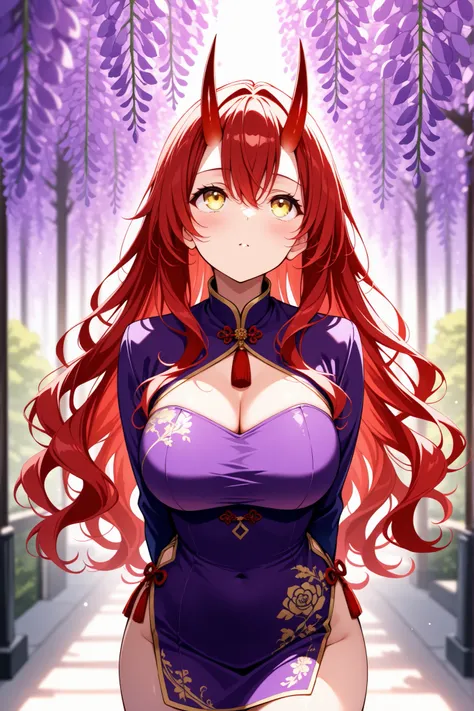 (masterpiece),(absurdres),(ultra detailed),solo lady,(23-year-old),cowboy shot,wisteria:1.2,bokeh snow,bokeh lighting,mini Cheongsam,purple costume,(solo woman),(24-year-old),(big breast:0.9),(wavy hair),(long red hair:1.1),hair between eyes,(()),(yellow e...