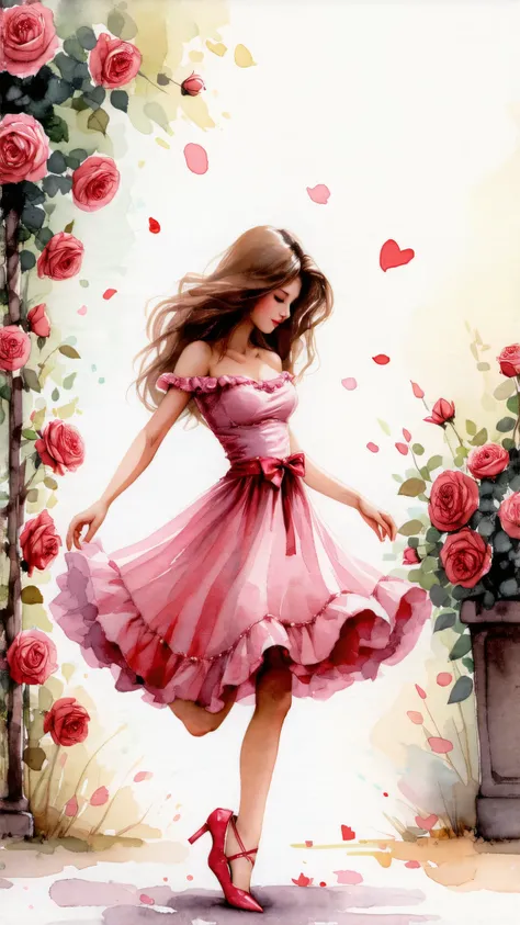 Top quality, watercolor, pastel, hand-drawn dream world, watercolor smudges, thick outlines, transforming everyday life into a page of a picture book, a beautiful girl with big breasts dancing in a rose garden