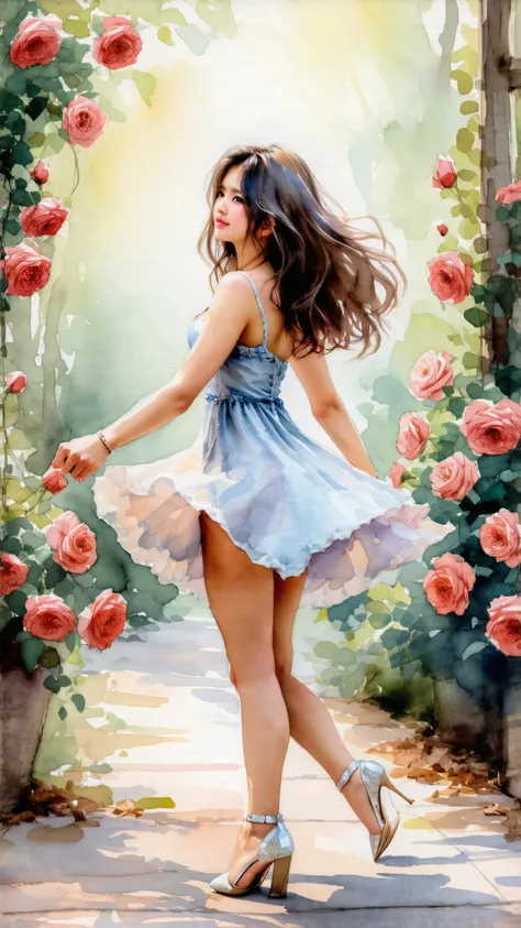 Top quality, watercolor, pastel, hand-drawn dream world, watercolor smudges, thick outlines, transforming everyday life into a page of a picture book, a beautiful girl with big breasts dancing in a rose garden