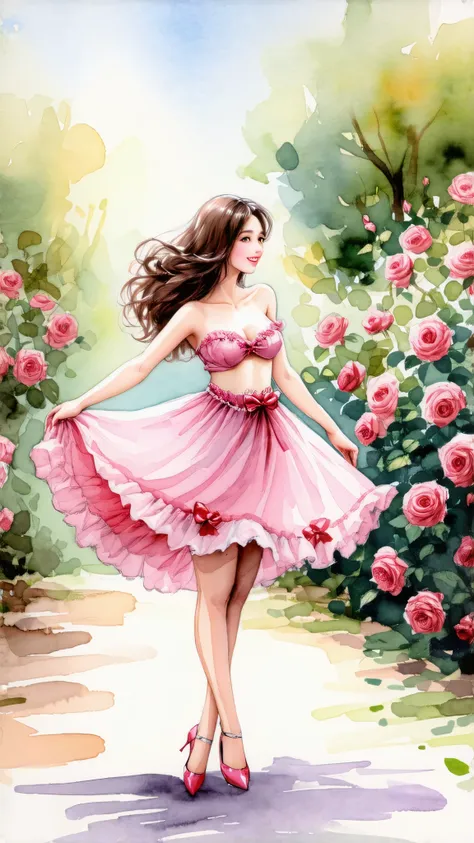 Top quality, watercolor, pastel, hand-drawn dream world, watercolor smudges, thick outlines, transforming everyday life into a page of a picture book, a beautiful girl with big breasts dancing in a rose garden