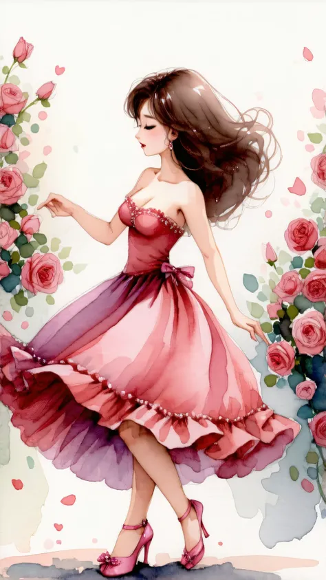 Top quality, watercolor, pastel, hand-drawn dream world, watercolor smudges, thick outlines, transforming everyday life into a page of a picture book, a beautiful girl with big breasts dancing in a rose garden