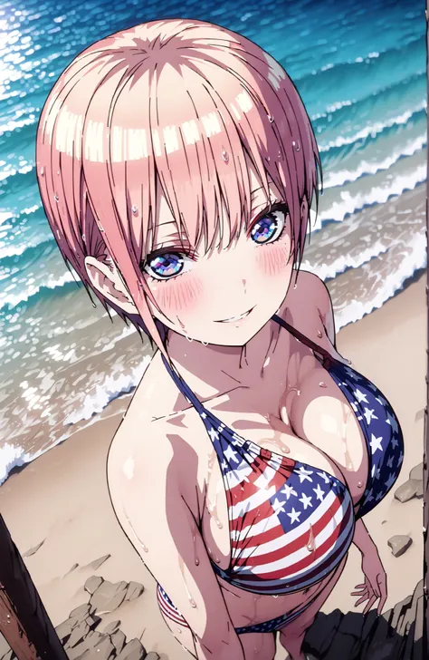 Nakano Ichika, short hair, bungs, blue eyes, hair between eyebrows, pink hair,Big Breasts,cleavage,sunburn,brown skin,american flag bikini, bikini,I have my chest with both hands,standing,Bare legs,smile,blush,grinning,wet hair,wet swimsuit,wet skin,noon,s...