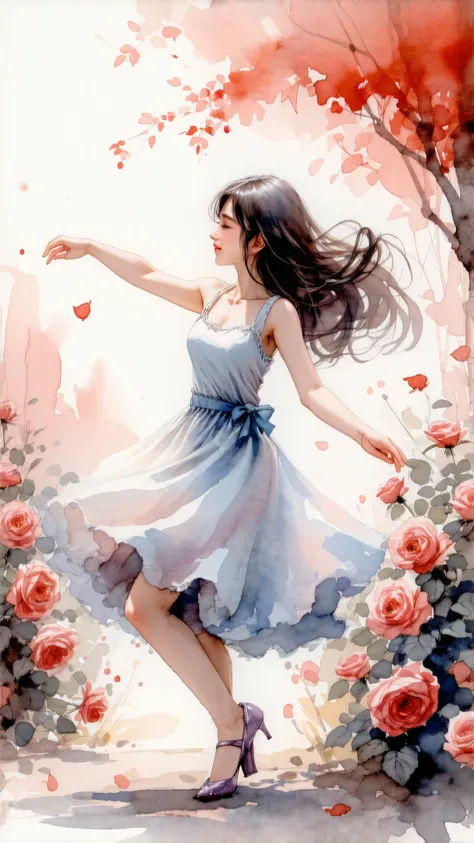 Top quality, watercolor, pastel, hand-drawn dream world, watercolor smudges, thick outlines, transforming everyday life into a page of a picture book, a beautiful girl with big breasts dancing in a rose garden