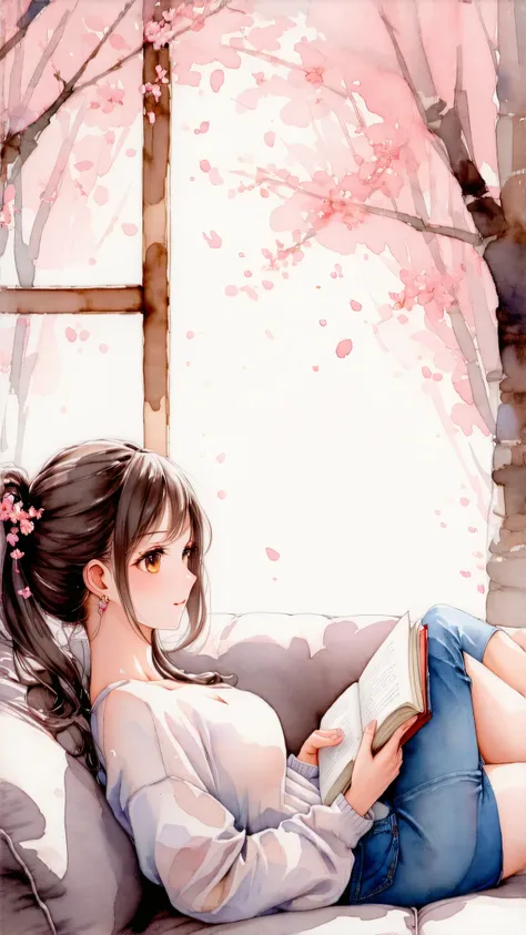 Top quality, watercolor, pastel, hand-drawn dream world, watercolor smudges, thick outlines, turn everyday life into a page of a picture book, beautiful girl with big breasts, lying on the sofa reading a book, outside the window is spring, cherry blossoms