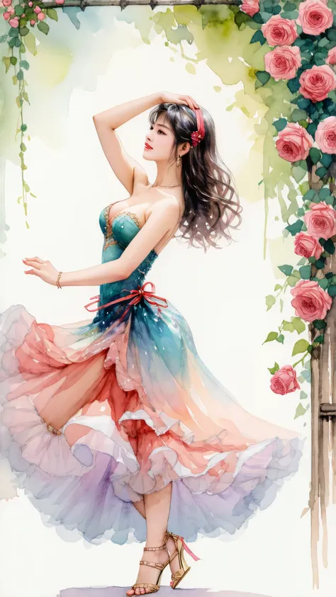 Top quality, watercolor, pastel, hand-drawn dream world, watercolor smudges, thick outlines, transforming everyday life into a page of a picture book, an erotic asian lady with big breasts dancing in a rose garden