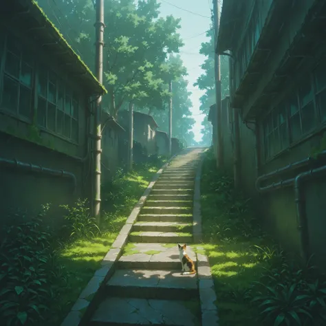 masterpiece, best quality, good quality, PEAnimeBG, Background, anime, scenery, safe, building, day, grass, industrial pipe, moss, outdoors, path, power lines, stairs, tree, cat