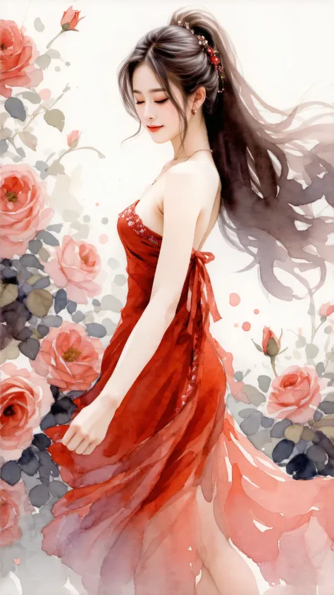 Top quality, watercolor, pastel, hand-drawn dream world, watercolor smudges, thick outlines, transforming everyday life into a page of a picture book, an erotic asian lady with big breasts dancing in a rose garden