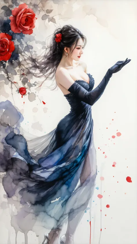 Top quality, watercolor, pastel, hand-drawn dream world, watercolor smudges, thick outlines, transforming everyday life into a page of a picture book, an erotic asian lady with big breasts dancing in a rose garden