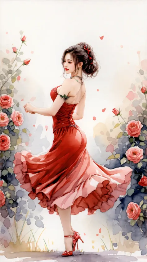 Top quality, watercolor, pastel, hand-drawn dream world, watercolor smudges, thick outlines, transforming everyday life into a page of a picture book, an erotic asian lady with big breasts dancing in a rose garden