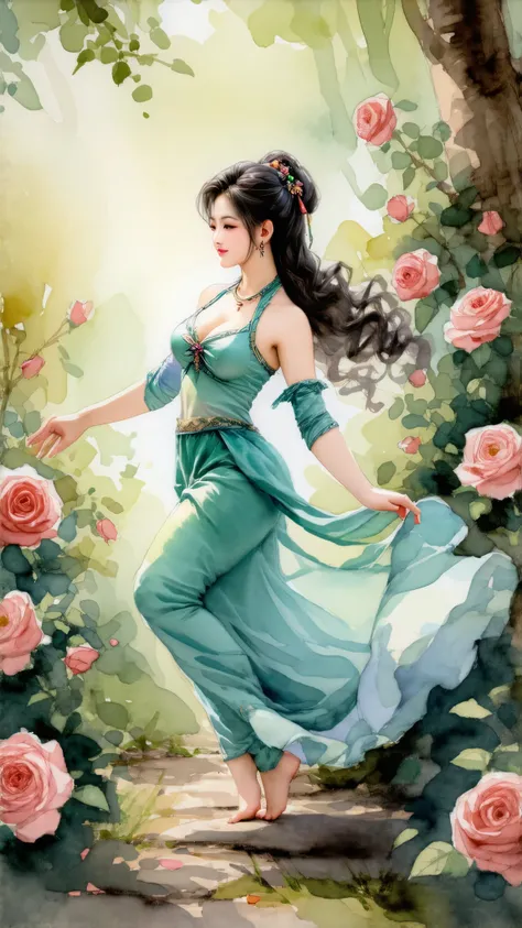 Top quality, watercolor, pastel, hand-drawn dream world, watercolor smudges, thick outlines, transforming everyday life into a page of a picture book, an erotic asian lady with big breasts dancing in a rose garden