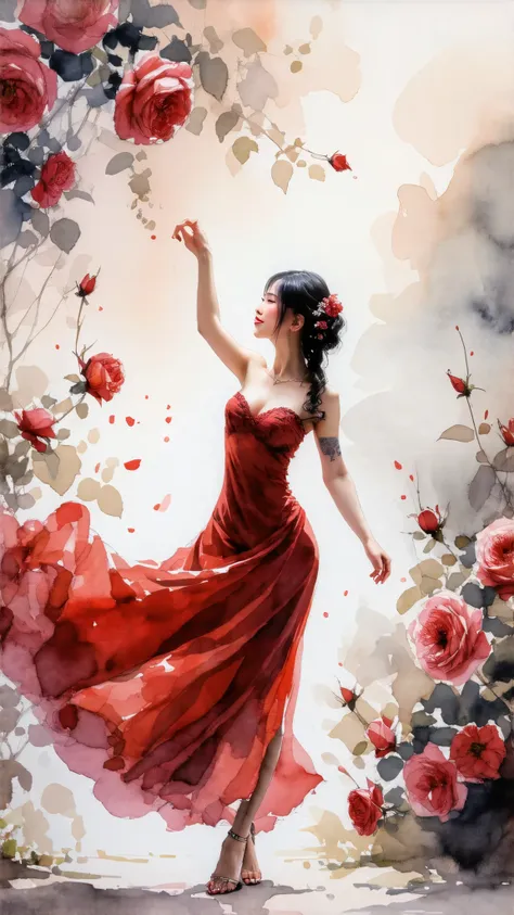 Top quality, watercolor, pastel, hand-drawn dream world, watercolor smudges, thick outlines, transforming everyday life into a page of a picture book, an erotic asian lady with big breasts dancing in a rose garden