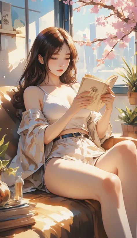 Top quality, watercolor, pastel, hand-drawn dream world, watercolor smudges, thick outlines, turn everyday life into a page of a picture book, an erotic sexy asian lady with big breasts, lying on the sofa reading a book, outside the window is spring, cherr...