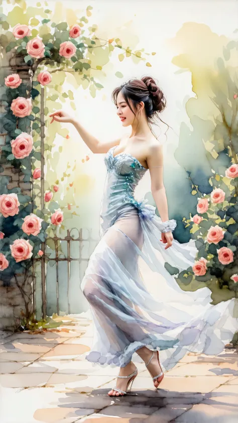 Top quality, watercolor, pastel, hand-drawn dream world, watercolor smudges, thick outlines, transforming everyday life into a page of a picture book, an erotic asian lady with big breasts dancing in a rose garden