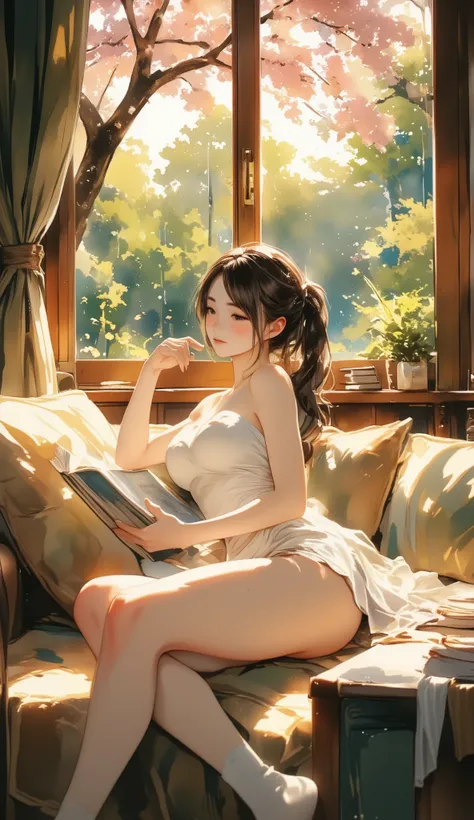 ((Picture books, animation)), Top quality, watercolor, pastel, hand-drawn dream world, watercolor smudges, thick outlines, turn everyday life into a page of a picture book, an erotic sexy asian lady with big breasts, lying on the sofa reading a book, outsi...