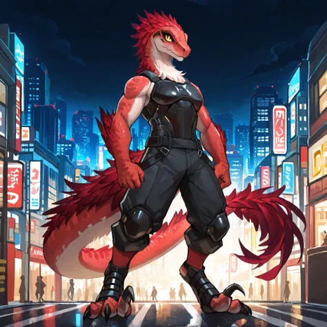 masterpiece, best quality, anime style, anime shading, full body picture, strong body type, buff body, centered, three-quarters view, by plive, 1boy, anthro raptor, (sickle claws), male raptor, feathered dinosaur, red scales, dark red feathers, yellow eyes...