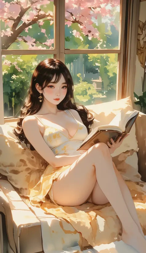 ((Picture books, animation)), Top quality, watercolor, pastel, hand-drawn dream world, watercolor smudges, thick outlines, turn everyday life into a page of a picture book, an erotic sexy asian lady with big breasts, lying on the sofa reading a book, outsi...