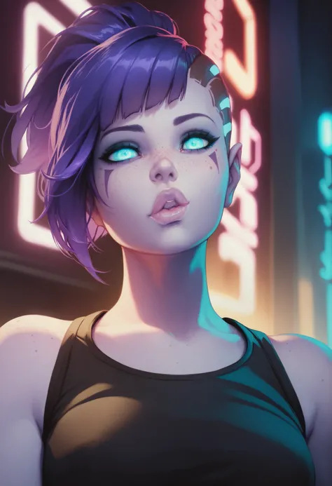 One girl, alien girl, purple skin, light blue eyes, big glowing eyes, freckles, purple hair, short hair, ponytail, face marks, detailed lips, futuristic black top, neon lights