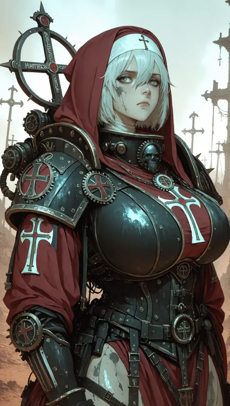Steampunk Style, wasteland doomsday background,A Female,SOLO,Huge Oppai,(White short hair,hair between eyes),Grey eyes,Wearing A black Steampunk Heavy Armor(Shoulder Armor with holy Cross emblem),Red robe(Nun's style),holding A Black Warhammer,In A smoky b...