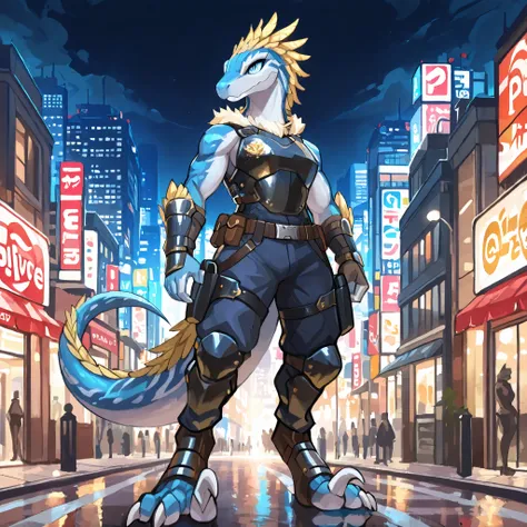 masterpiece, best quality, anime style, anime shading, full body picture, strong body type, buff body, centered, three-quarters view, by plive, 1boy, anthro raptor, (sickle claws), male raptor, feathered dinosaur, silver scales, gold feathers, blue eyes, p...