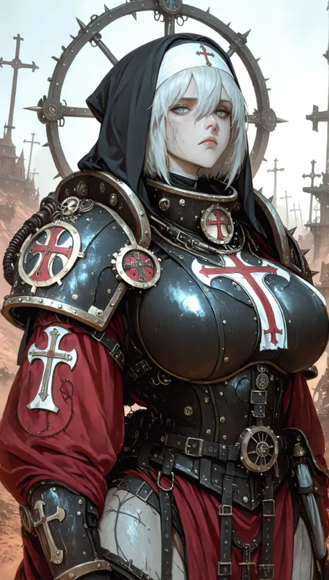 Steampunk Style, wasteland doomsday background,A Female,SOLO,Huge Oppai,(White short hair,hair between eyes),Grey eyes,Wearing A black Steampunk Heavy Armor(Shoulder Armor with holy Cross emblem),Red robe(Nun's style),holding A Black Warhammer,In A smoky b...