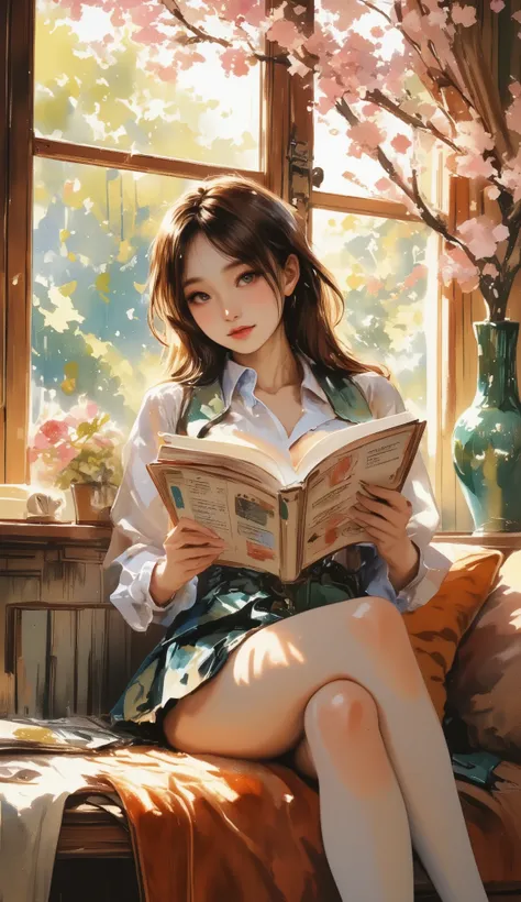 ((Picture books, animation)), Top quality, watercolor, pastel, hand-drawn dream world, watercolor smudges, thick outlines, turn everyday life into a page of a picture book, an erotic sexy asian lady with big breasts, lying on the sofa reading a book, outsi...