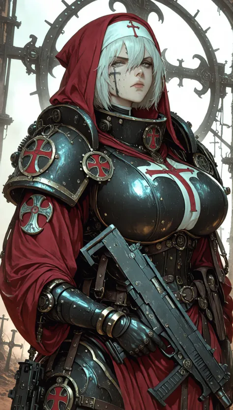 Steampunk Style, wasteland doomsday background,A Female,SOLO,Huge Oppai,(White short hair,hair between eyes),Grey eyes,Wearing A black Steampunk Heavy Armor(Shoulder Armor with holy Cross emblem),Red robe(Nun's style),((Holding A Black Cyber submachine gun...