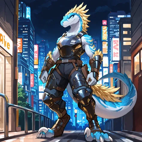 masterpiece, best quality, anime style, anime shading, full body picture, strong body type, buff body, centered, three-quarters view, by plive, 1boy, anthro raptor, (sickle claws), male raptor, feathered dinosaur, silver scales, gold feathers, blue eyes, p...