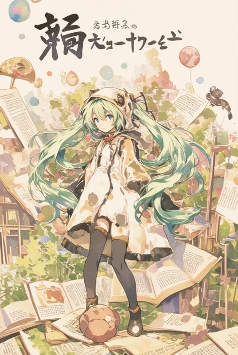 ( masterpiece、 best quality、 best quality、、 beautiful beautiful :1.2) Hatsune Miku、light green twin tails, beautiful breasts,storybook pages, watercolor illustrations, young characters by Hayashi Akiko, Cute Style, Japanese text at the top, handwritten...