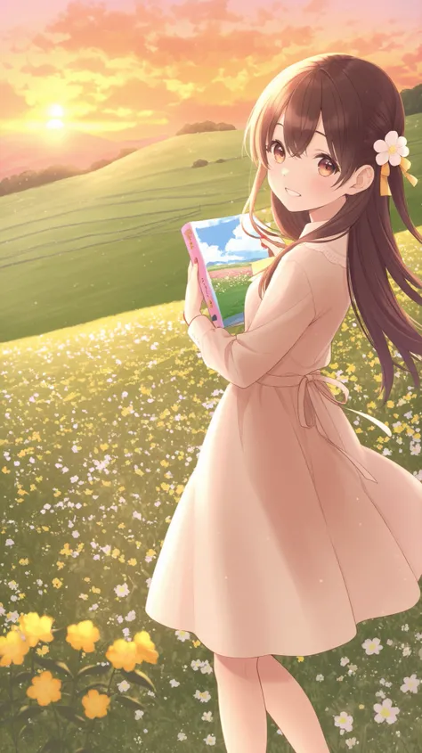 Crayon touch、Picture book touch、sunset、Girl standing on a hill、Flowers