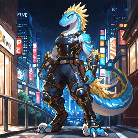 masterpiece, best quality, anime style, anime shading, full body picture, strong body type, buff body, centered, three-quarters view, by plive, 1boy, anthro raptor, (sickle claws), male raptor, feathered dinosaur, silver scales, gold feathers, blue eyes, p...