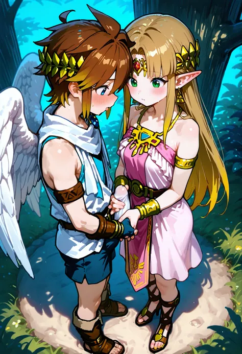 1Girl1Boy。princess zelda（SP）、Women have long blond hair。Shota Pitt。Man Pitt has brown hair。male angel Pitt has wings。Pitt's clothes。hand job。 Smash Bros。composition from above。erect dick。full body