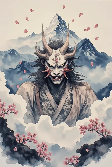 (best quality,4k,8k,highres,masterpiece:1.2),ultra-detailed,watercolor and ink of a Yōkai tengu,background of mountains and cherry blossoms