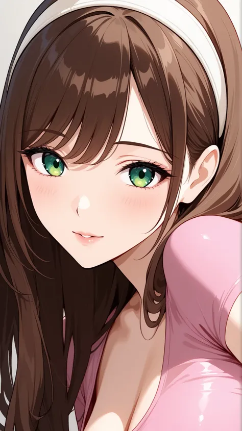 A beautiful adult woman with long brown haired with full-spiky bangs, beautiful green eyes, medium chest, wear white hairband, wear a tight pink shirt with scoop neck and short-sleeved, portrait, front-face view