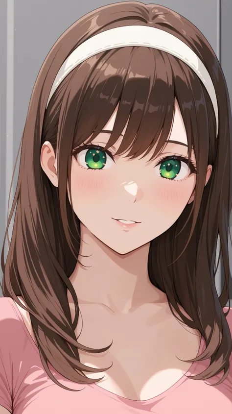 A beautiful adult woman with long brown haired with full-spiky bangs, beautiful green eyes, medium chest, wear white hairband, wear a tight pink shirt with scoop neck and short-sleeved, portrait, front-face view
