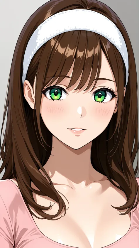 A beautiful adult woman with long brown haired with full-spiky bangs, beautiful green eyes, medium chest, wear white hairband, wear a tight pink shirt with scoop neck and short-sleeved, portrait, front-face view