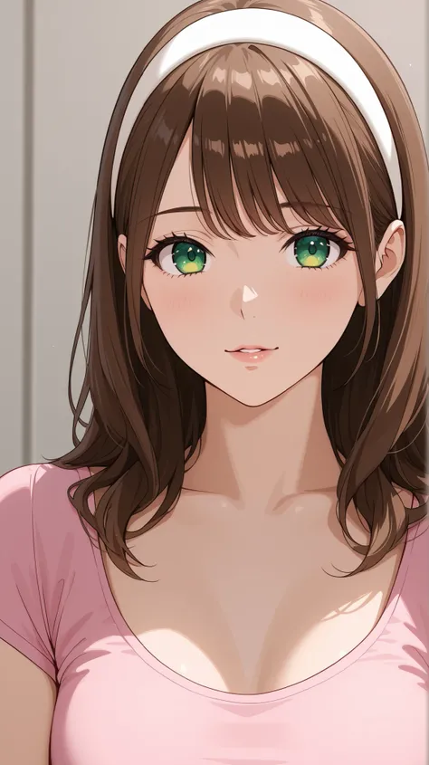 A beautiful adult woman with long brown haired with full-spiky bangs, beautiful green eyes, medium chest, wear white hairband, wear a tight pink shirt with scoop neck and short-sleeved, portrait, front-face view