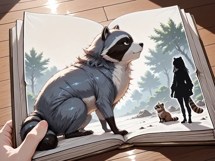 (frame of a picture book:1.2),(watercolor, pastel, hand-drawn dream world, watercolor smudges, thick outlines),(1girl and 1animal,1girl is female solder ,1animal is the raccoon ) ,adventure in wonderland,wrnchexpwhimsicalvisions, silhouette, double exposu...