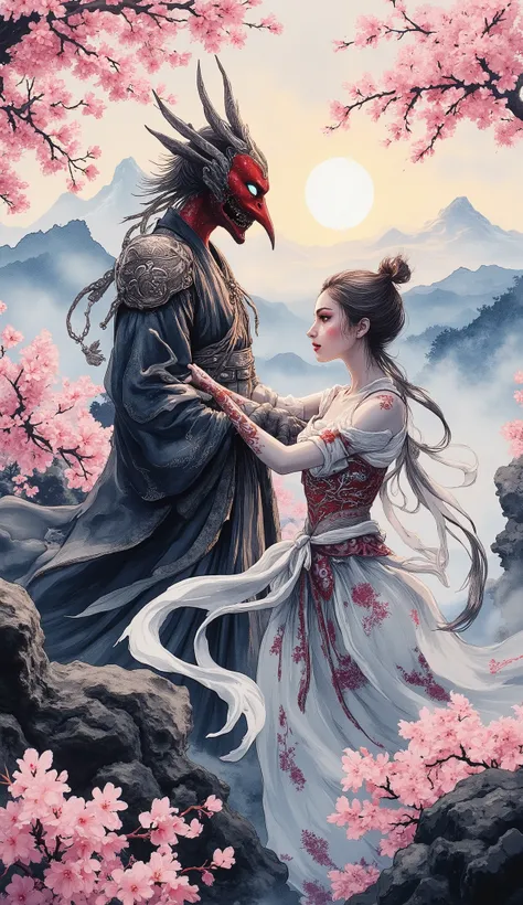 (best quality,4k,8k,highres,masterpiece:1.2),ultra-detailed, watercolor and ink of a Yōkai tengu and a Rokurokubi, background of mountains and cherry blossoms, Japanese floklore